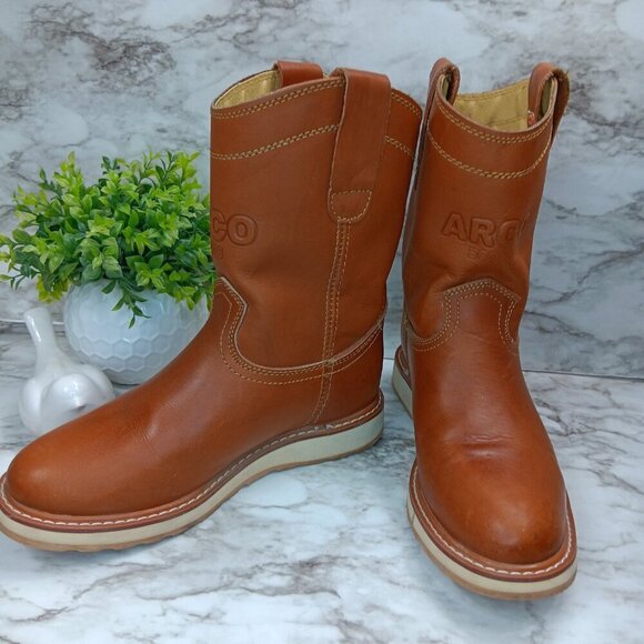 ARCO MEN'S WORK BOOTS ROUND TOE GENUINE LEATHER PULL ON SOFT TOE LIGHT BROWN 7 - Picture 1 of 14
